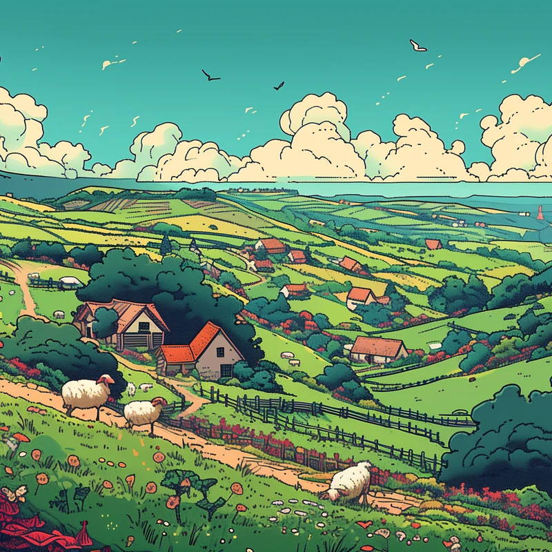 Illustrated Pastoral Landscape 8K Ultra HD Desktop Wallpaper