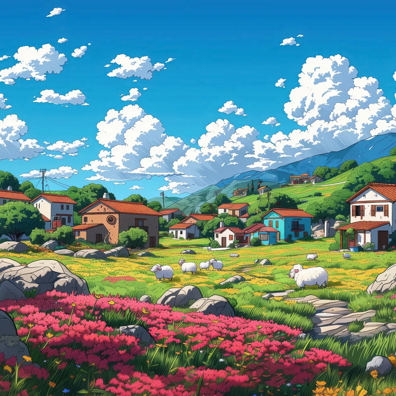 Anime Village Spring Flowers 4K Desktop Wallpaper