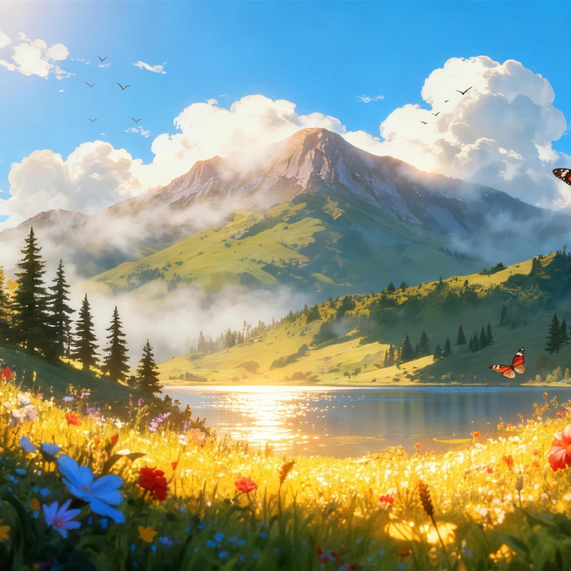 Healing Bjerg-Sø-Blomstermark 8K Desktop Wallpaper