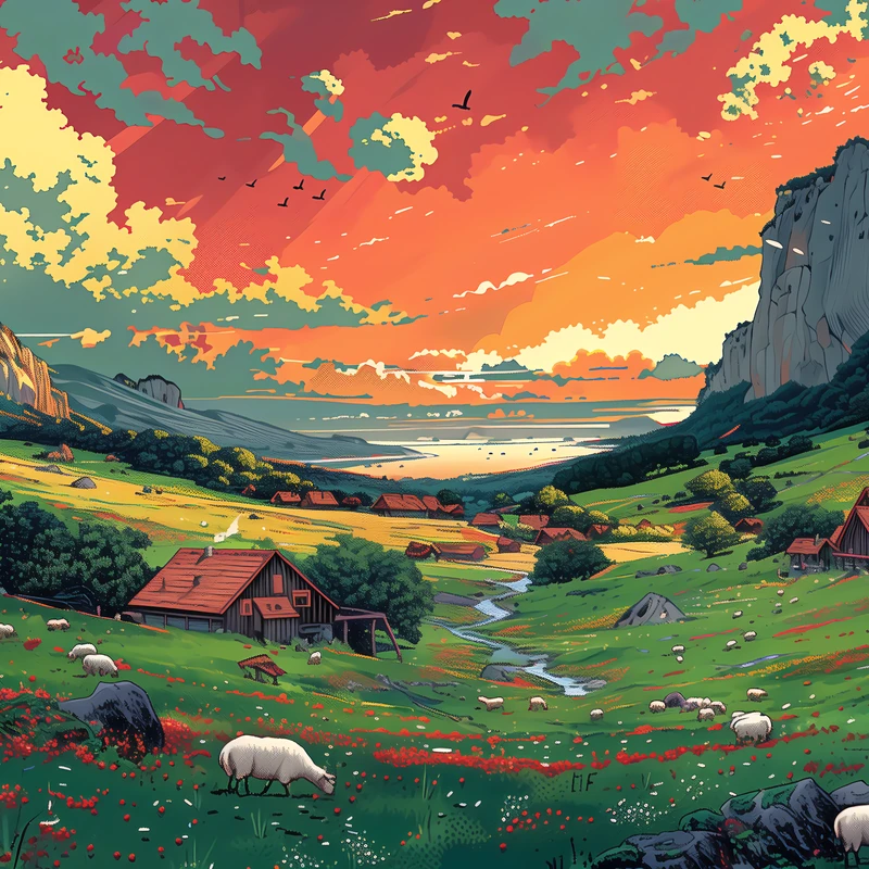 Illustratieve Alpense Vallei bij Zonsondergang 4K Bureauondergrond