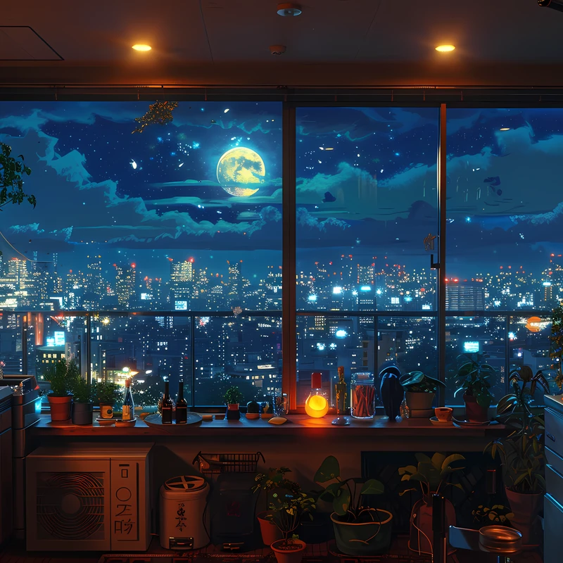 일본 도시 야경 보름달 4K 데스크톱 배경화면