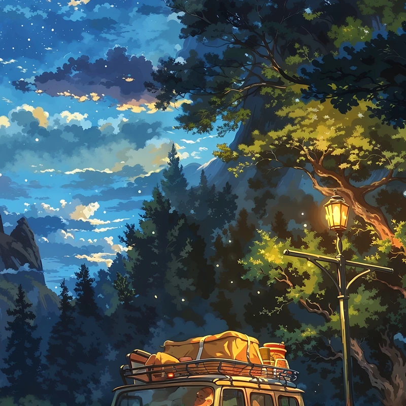 Studio Ghibli-stijl kampvuurwagen nacht 8K telefoonachtergrond