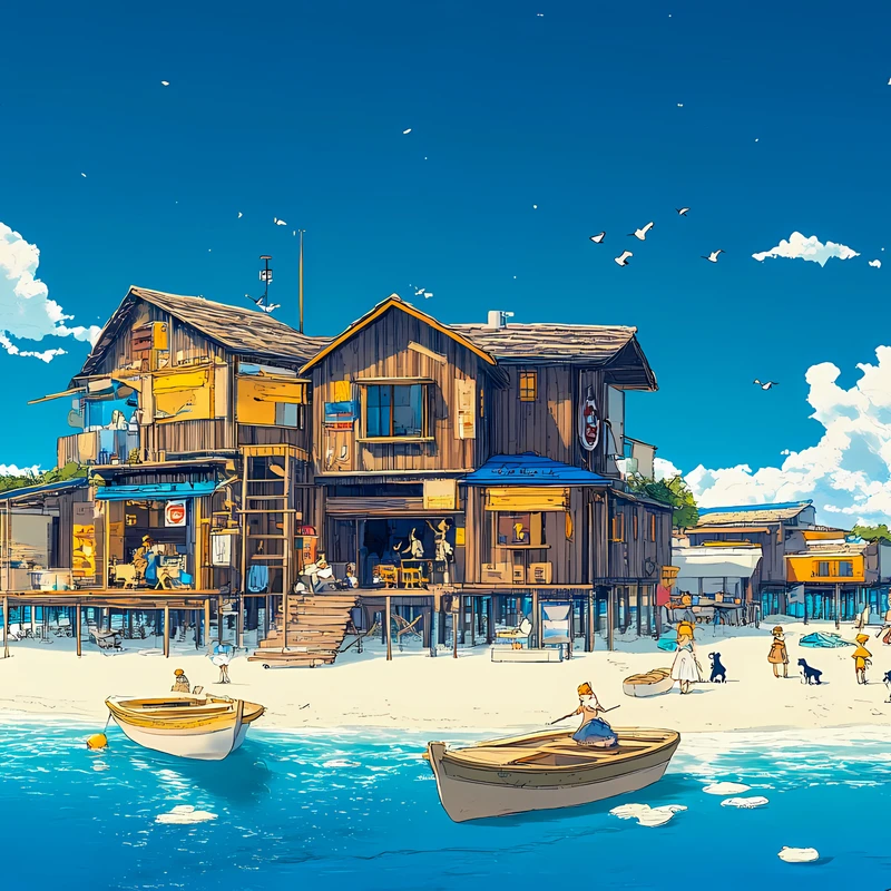 Studio Ghibli-style pobřežní vesnice 4K stolní pozadí