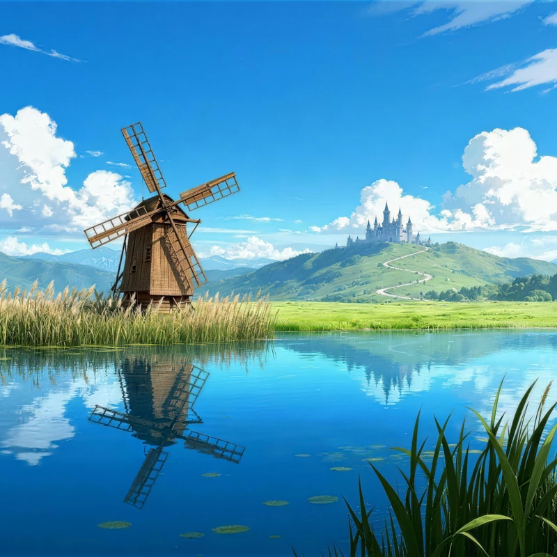 Ghibli-Style Windmill Castle 8K Desktop Wallpaper