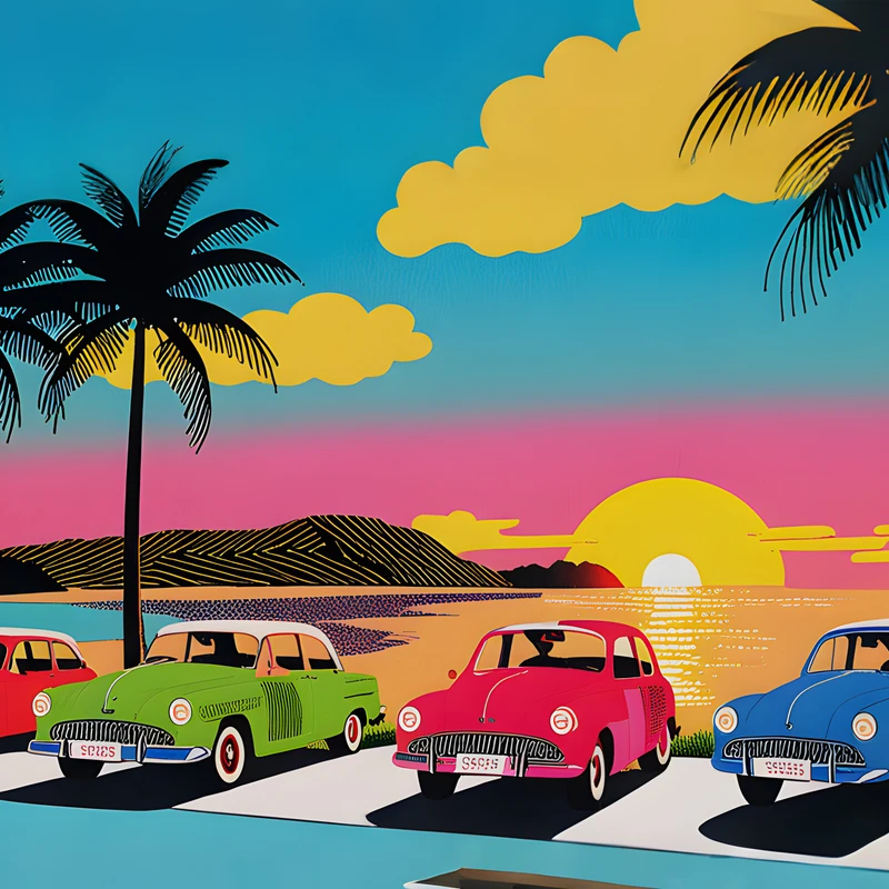 Paysage tropical rétro avec voitures 4K fond d'écran