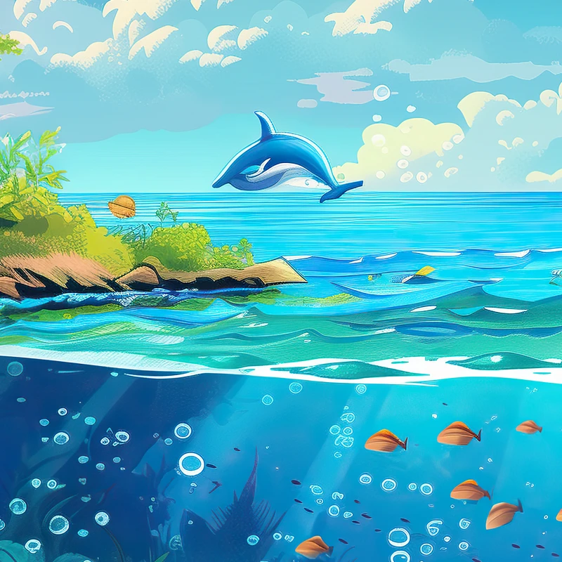 Cartoon Ocean Dolphin Scene 8K Ultra HD Phone Wallpaper