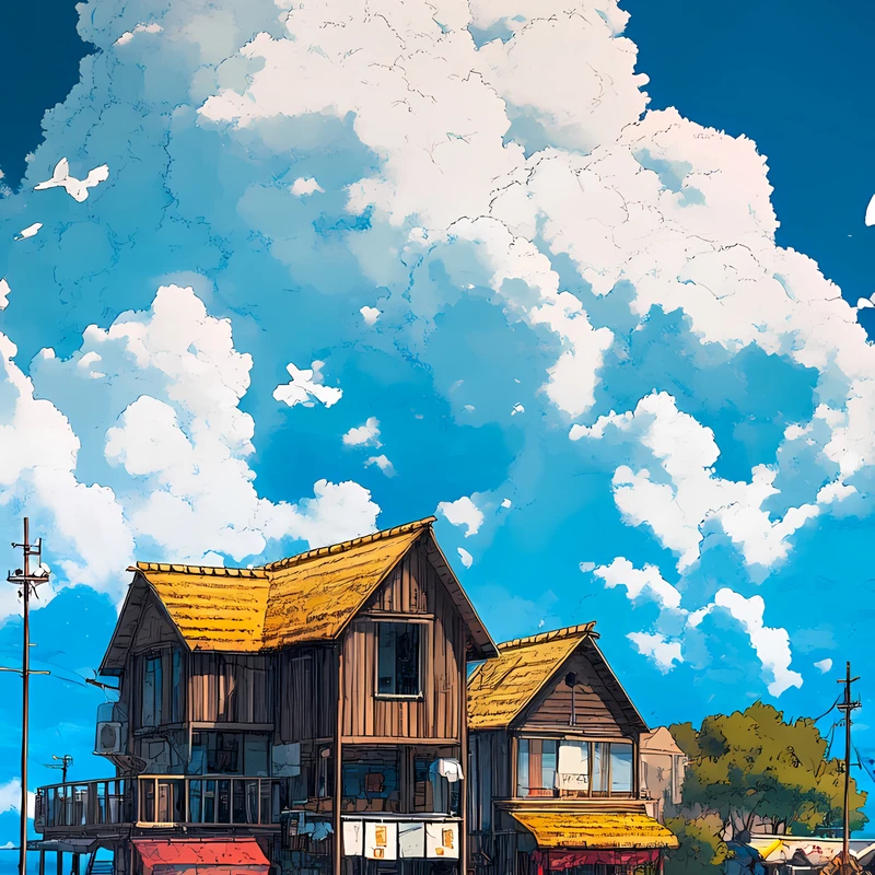 Japonská pobřežní vesnice 8K Ultra HD mobilní pozadí