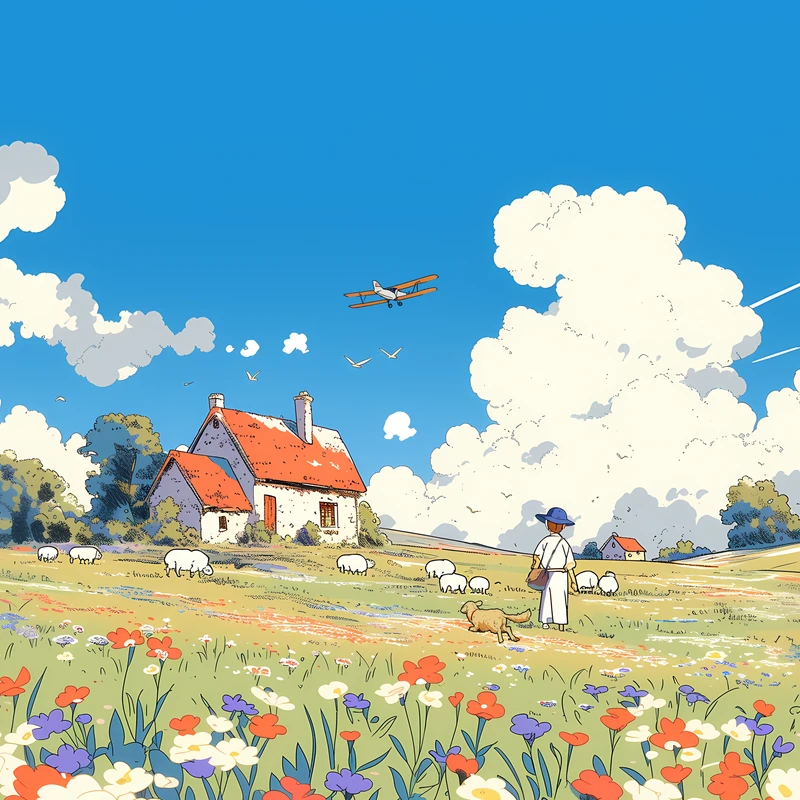 Studio Ghibli Style Pastoral Meadow 8K Ultra HD Desktop Wallpaper