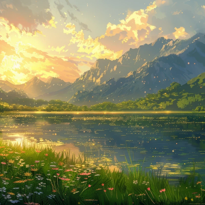 Anime styl hory a jezero 8K Ultra HD stolní pozadí