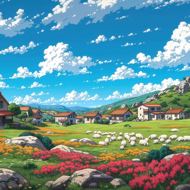 Anime Spring Village 4K Desktop Wallpaper