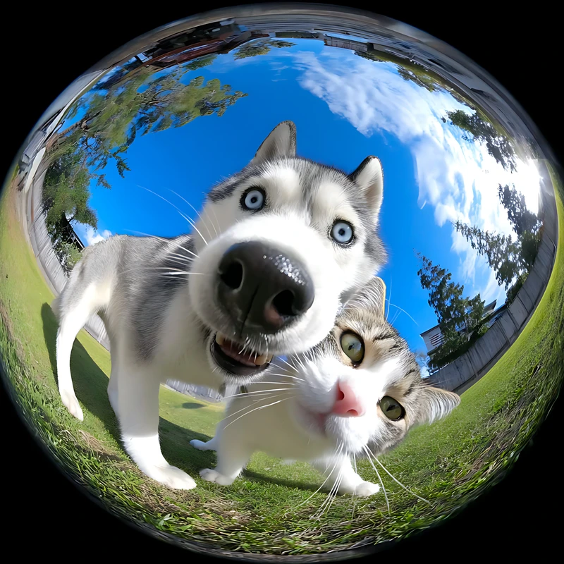 Fisheye Husky et Chat 4K Fond d'écran
