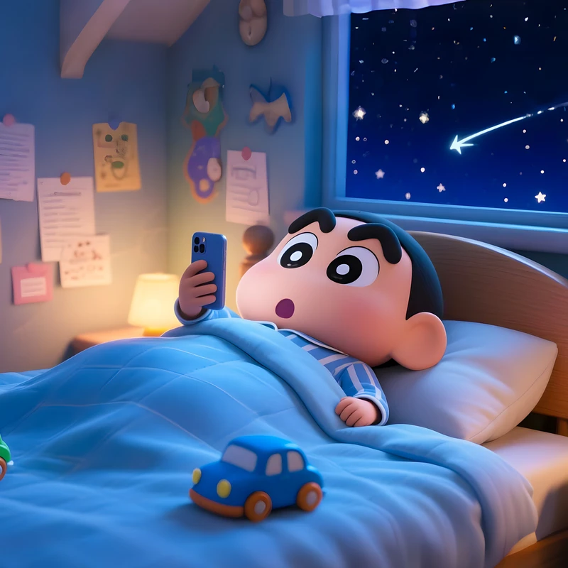 Animepoika sängyssä katselemassa tähtitaivasta 4K-taustakuva