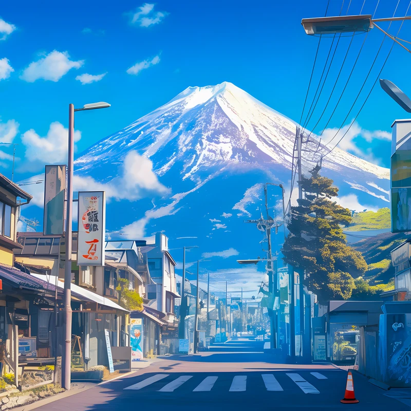 Japonská ulice s horským pohledem na Fuji 4K stolní pozadí