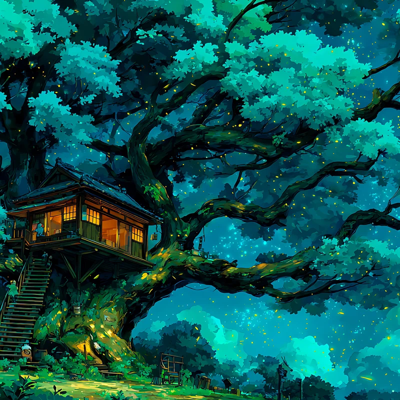 Japonský anime stromový dům v noci 4K desktop wallpaper