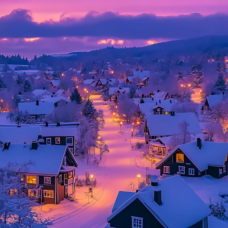Sunset d'un village hivernal 4K - Fond d'écran
