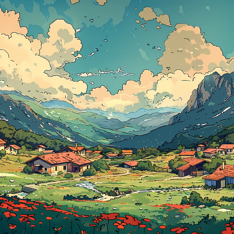 Anime vesnice na horách 8K Ultra HD stěnový obrázek