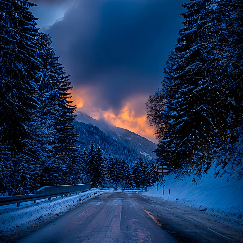 Route de montagne hivernale au coucher du soleil 8K Ultra HD Wallpaper pour téléphone