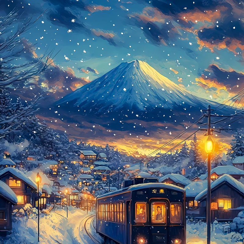 Japonská zimní vlaková cesta 8K Ultra HD mobilní pozadí