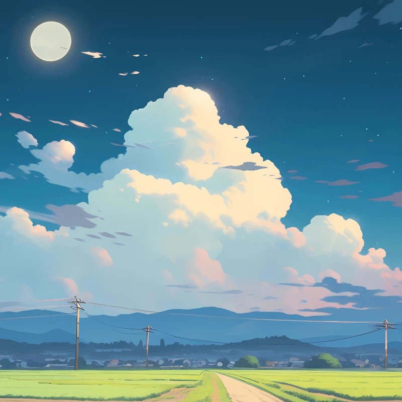 Anime venkovská pole noční obloha 8K Ultra HD stolní pozadí