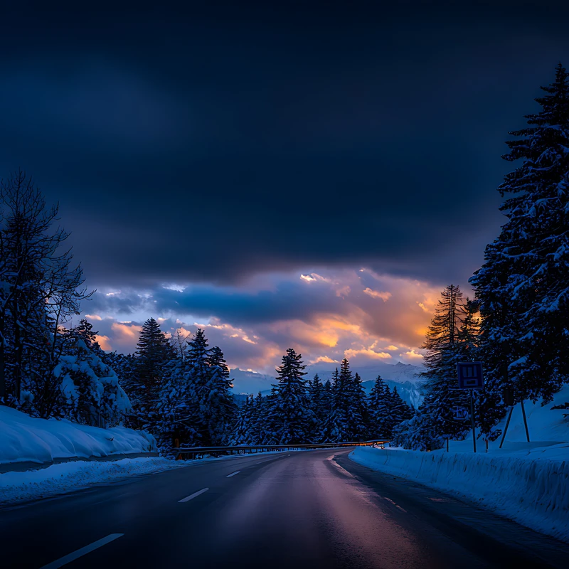 Chemin de forêt hivernal au coucher du soleil 4K Wallpaper pour bureau