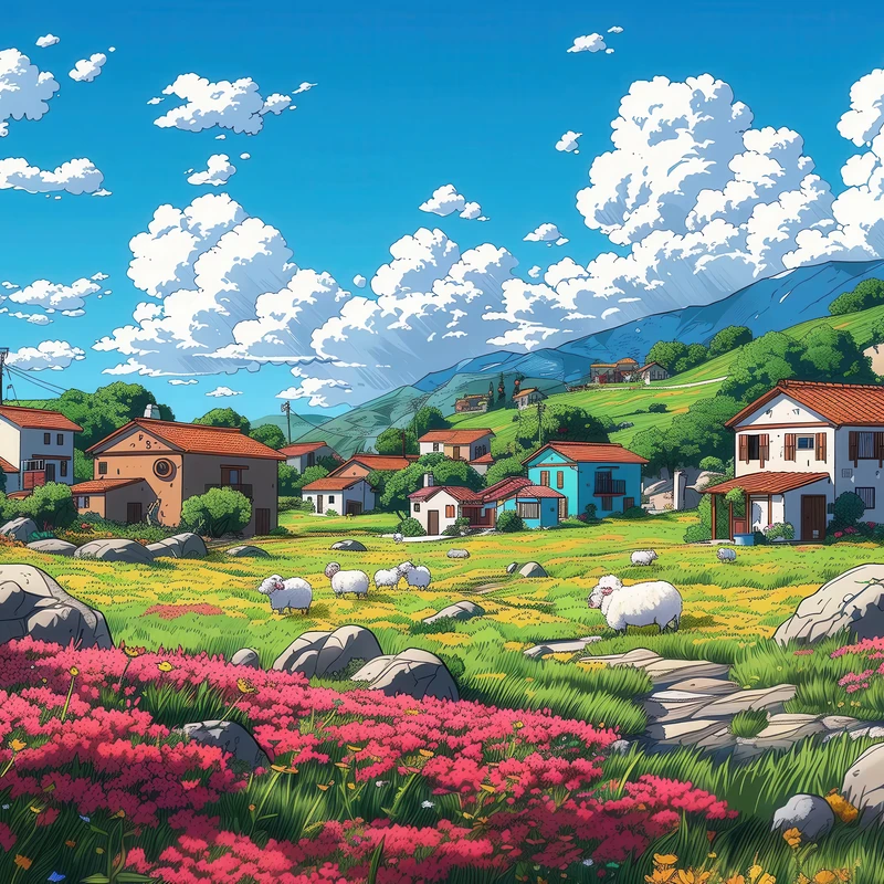 Anime Village Meadow 4K Desktop Wallpaper