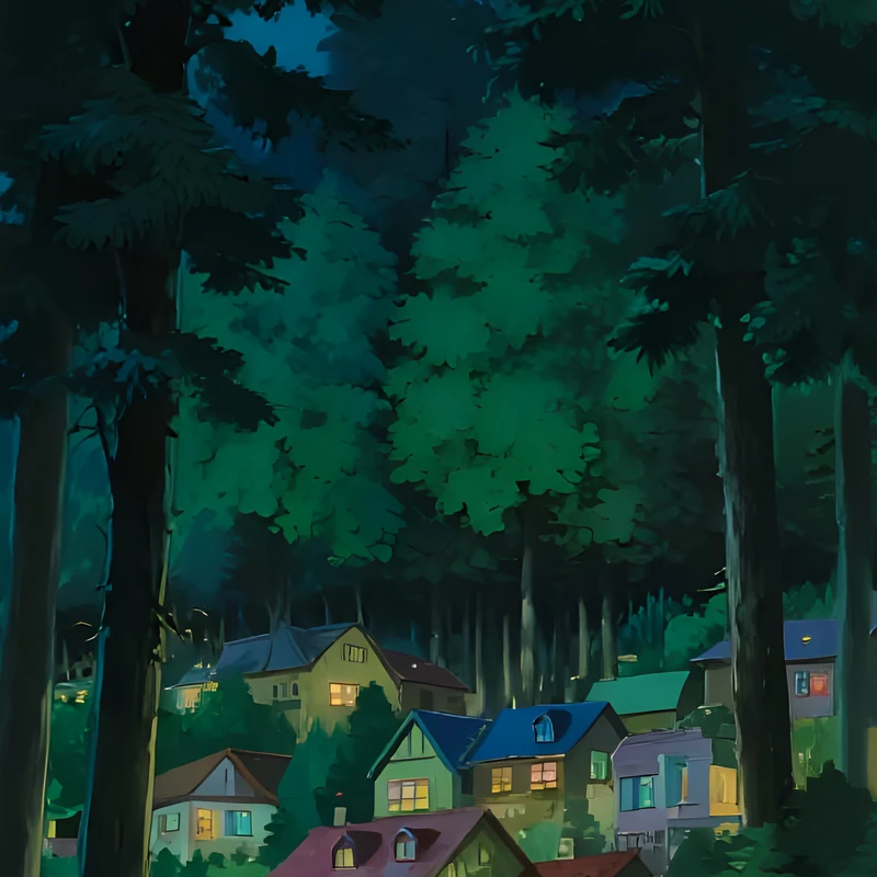 Anime-skovby tog 8K Ultra HD mobilbaggrund