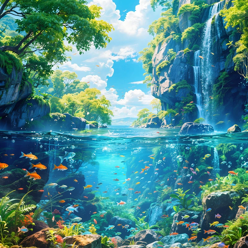 Fantasy-skov vandfald 8K ultra HD baggrund