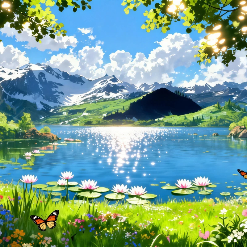 Animeový pobřežní květinový lán u jezera, 8K ultra HD pozadí pro plochu