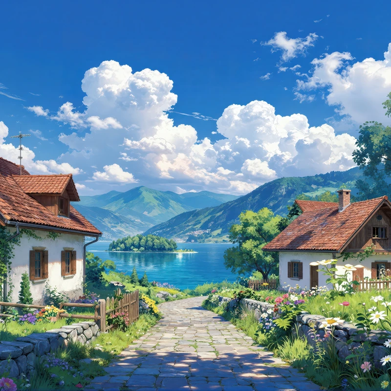 阿尔卑斯村庄湖景 8K 超高清桌面壁纸