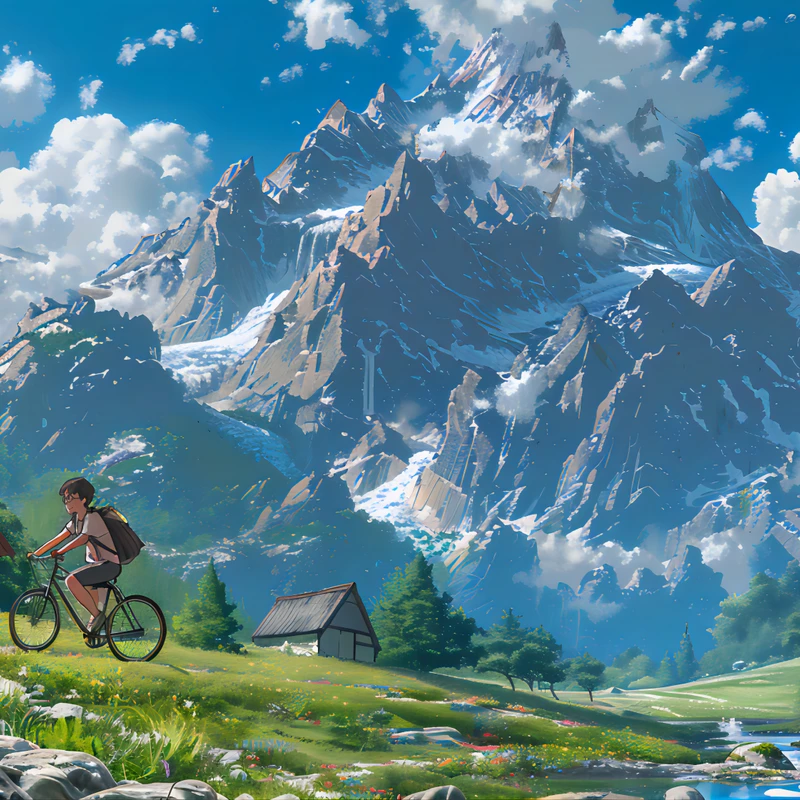 Studio Ghibli-Style Mountain Cycling 8K Desktop Wallpaper