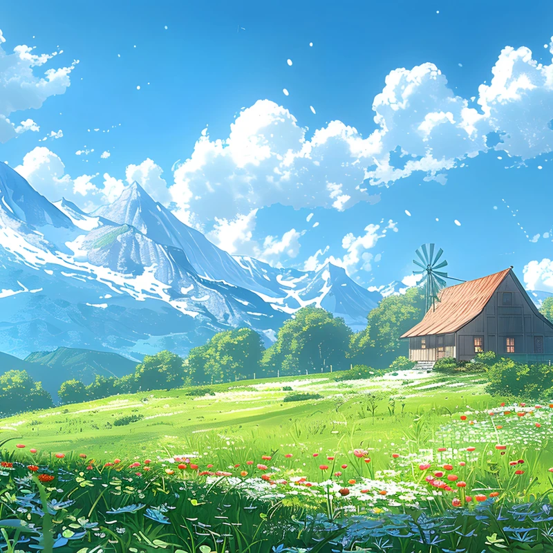 Japanese Anime-Style Countryside Cottage 8K Desktop Wallpaper