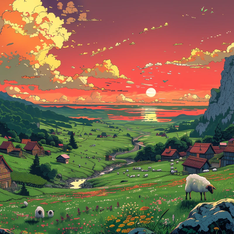 Studio Ghibli-vallei bij zonsondergang 4K bureaubladachtergrond