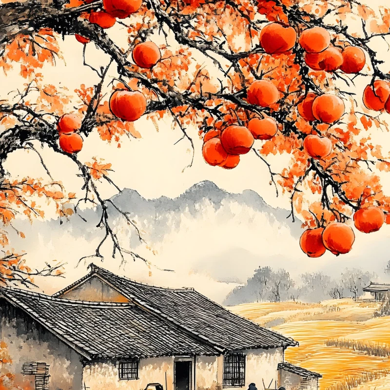 Chinese Style Persimmon Tree 8K Ultra HD Desktop Wallpaper