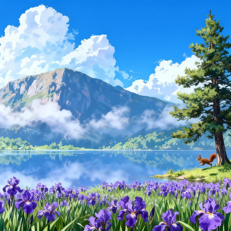 Japonský anime styl: jezero a fialové irisy 8K pozadí pro plochu