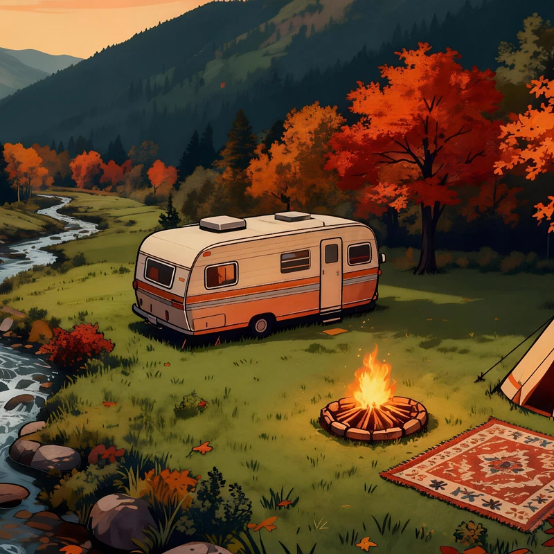 Autumn Camping Riverside RV 8K Desktop Wallpaper