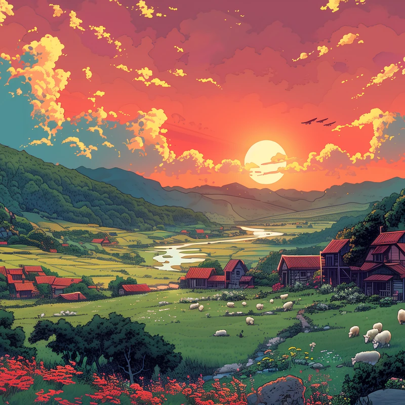 Studio Ghibli-stijl dorp aan zonsondergang 8K Ultra HD bureaubladachtergrond