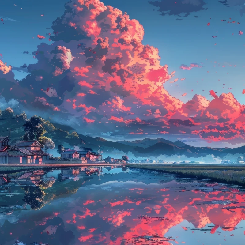 Japonský anime západ slunce na jezere 8K Ultra HD stolní pozadí