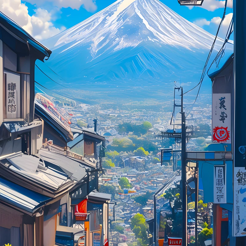 Japonská ulice s horským pohořím Fuji 8K ultra HD mobilní pozadí