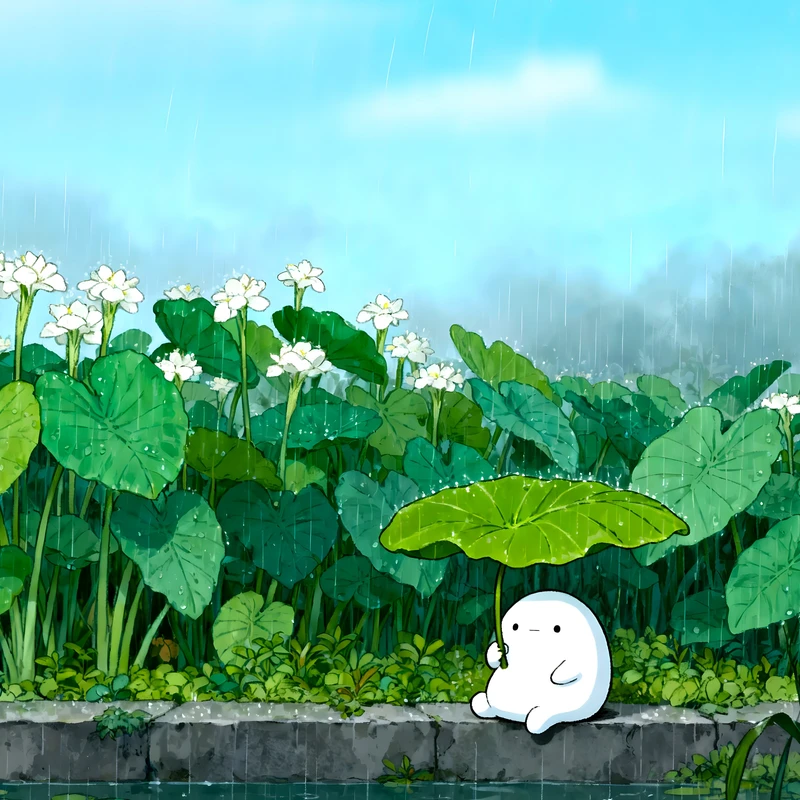 Studio Ghibli -tyylisen puistoon ja valkoiseen olentoon 4K-työpöytätaustakuva
