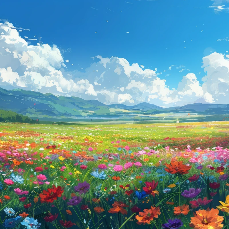 Japanese Anime-Style Flower Field 8K Ultra HD Desktop Wallpaper