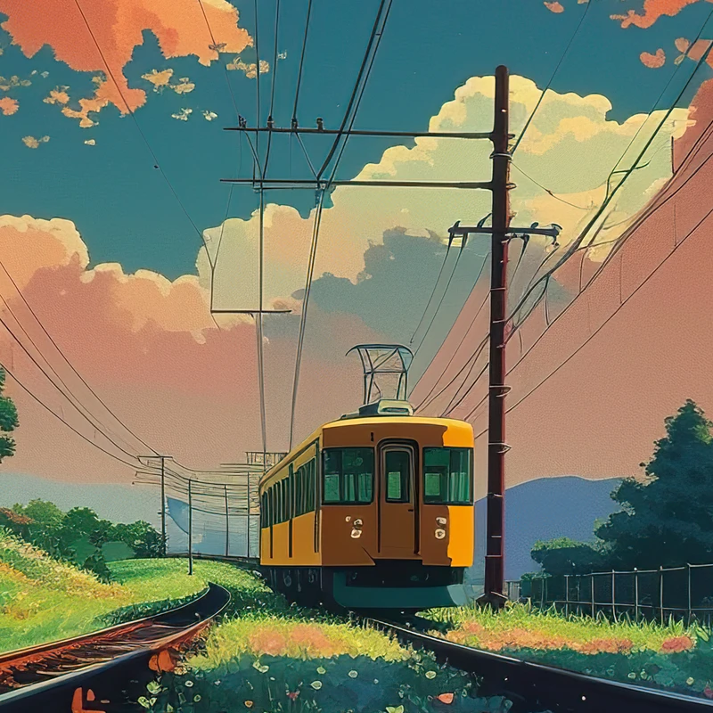 Anime styl jarní vlaková cesta 8K ultra HD mobilní pozadí