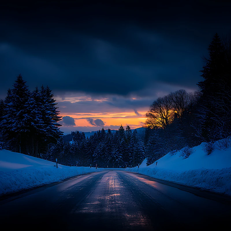 Chemin de forêt hivernal au coucher du soleil 4K Wallpaper pour ordinateur