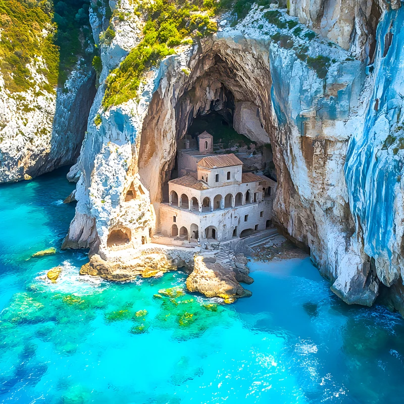 Mediterránská pobřežní kostel 4K stolní pozadí