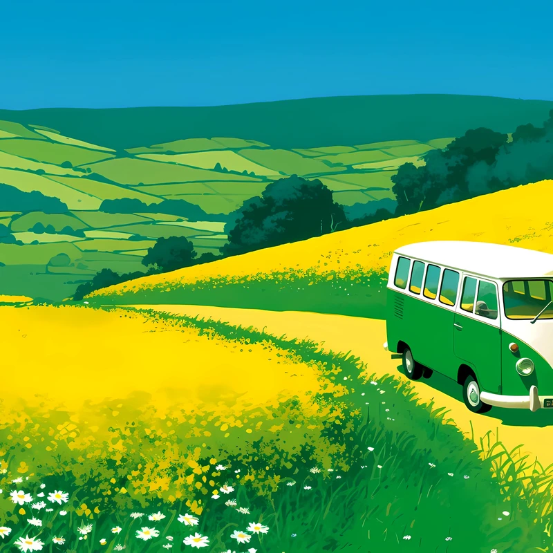 Studio Ghibli-stijl bus in gele velden 4K bureaubladachtergrond