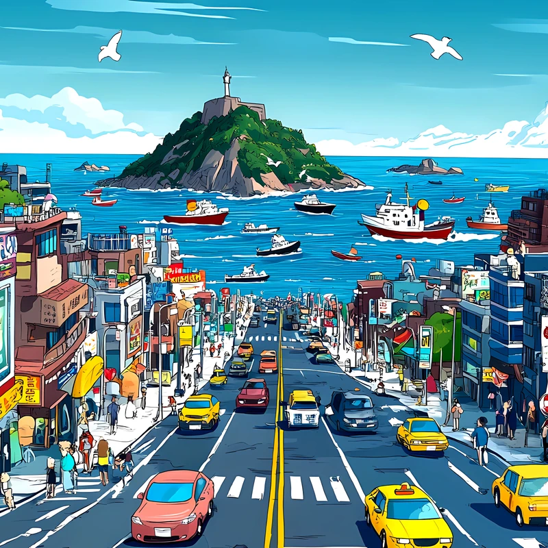 Japonské pobřežní město 4K stolní pozadí
