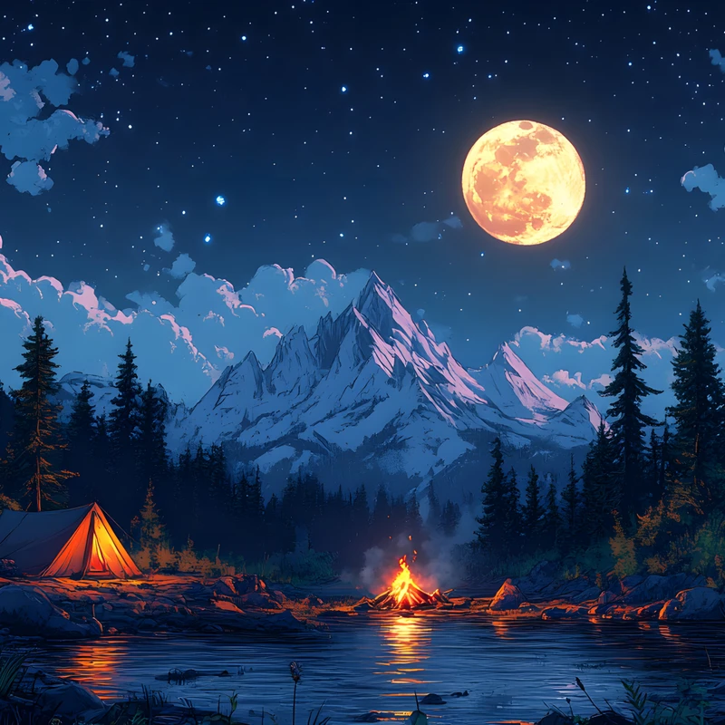 Arte Oriental Fogueira na Montanha 8K Ultra HD Wallpaper para Desktop