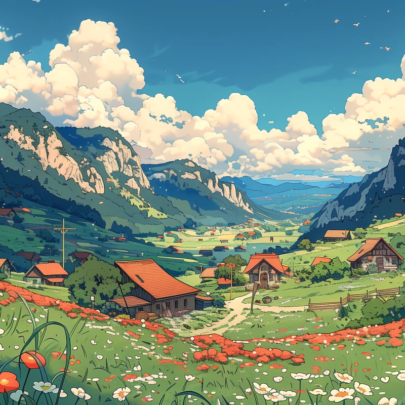 Anime Alpenvallei Bloemen 4K Bureauwandpaper