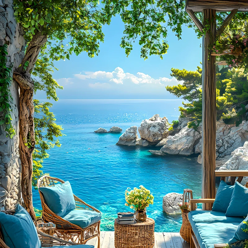 Mediterranean Coastal Terrace 8K Ultra HD Wallpaper per Smartphone