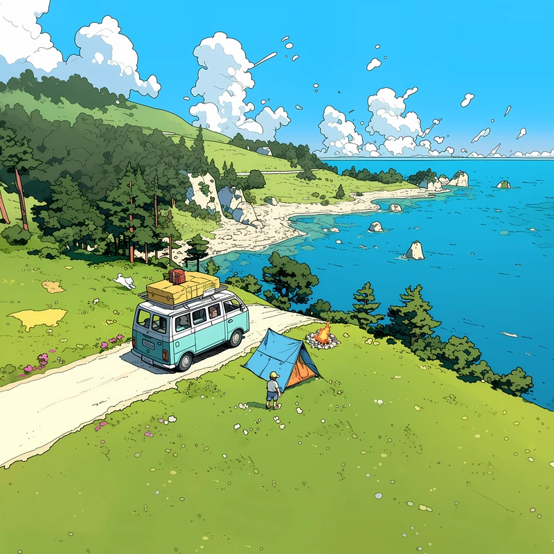 Anime kustkampplaats 8K Ultra HD bureaubladachtergrond