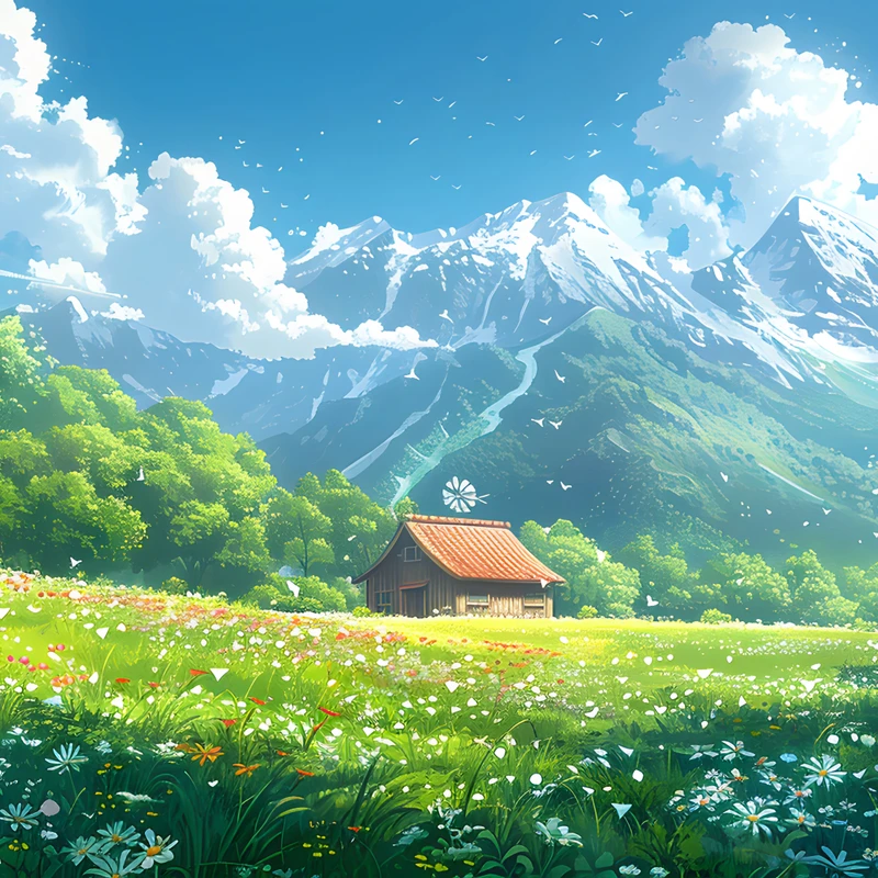 Japanese Anime-Style Mountain Cabin 8K Desktop Wallpaper